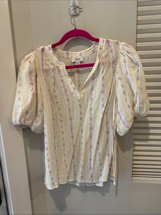 CeCe Tops - CeCe Cream Floral Stripe Puff-Sleeve Blouse